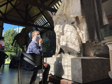 Chris Pavia in the sculpture gallery during the filming of Beyond the Waves