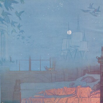 Painting of dreamlike scene with blue birds and a child sleeping