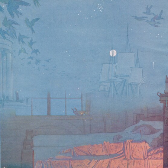 Painting of dreamlike scene with blue birds and a child sleeping