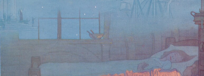 Painting of dreamlike scene with blue birds and a child sleeping