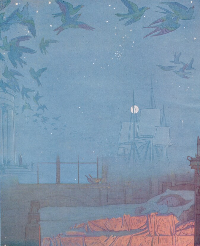 Painting of dreamlike scene with blue birds and a child sleeping