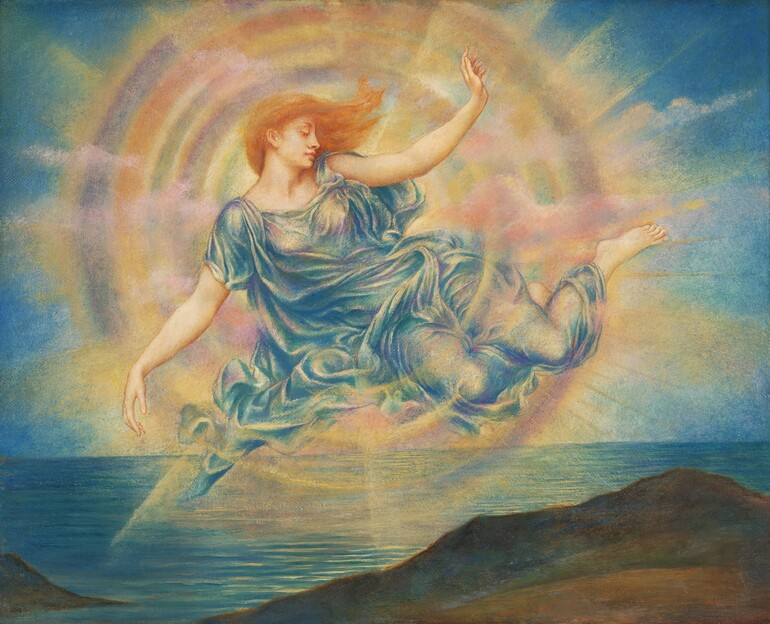 A woman in a blue translucent robe floats in a star over the ocean