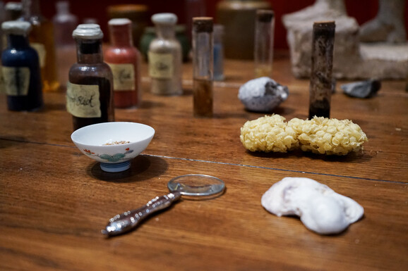 Close-up photo of a magnifying glass, a natural sponge and small tubes filled with dirt