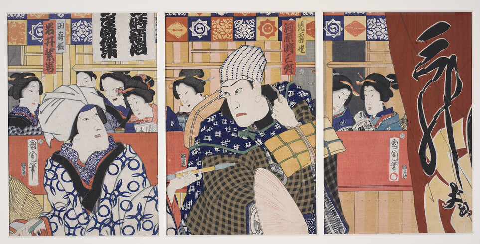 Japanese woodblock print of a group of women in a theatre watching a play