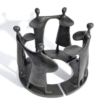 Six black abstract figures arranged in a circle