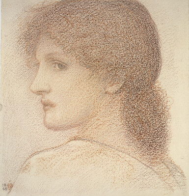 A red pencil sketch of a young women with frizzy red hair looking sideways towards the artist