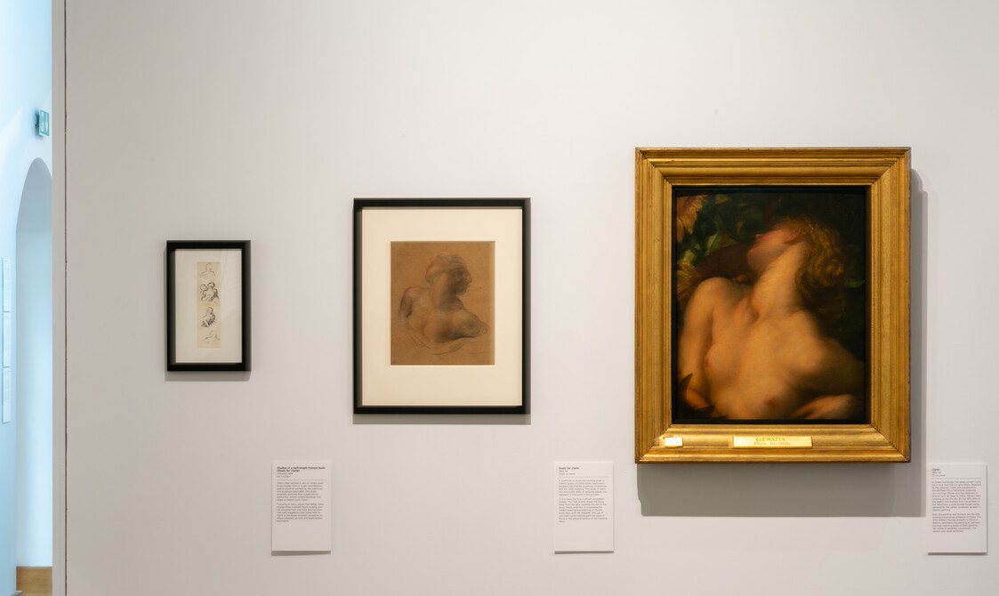A picture of the Fragmented Legacy exhibition, Three framed studies of Clytie