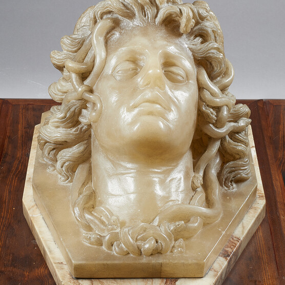 Carved severed head of Medusa from above