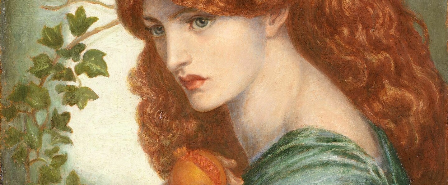 Painting of a red-haired woman in a green flowy dress, holding a pomegranate up to her chest with both of her hands.