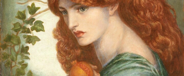 Painting of a red-haired woman in a green flowy dress, holding a pomegranate up to her chest with both of her hands.