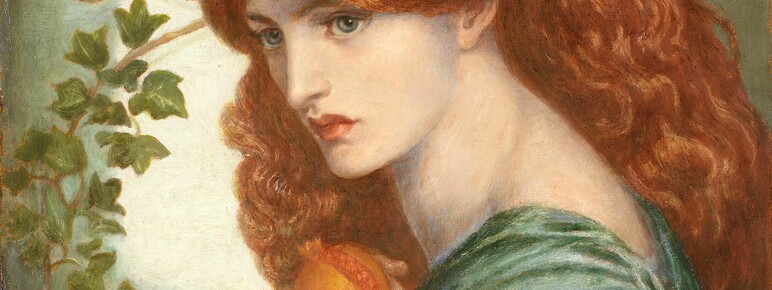 Painting of a red-haired woman in a green flowy dress, holding a pomegranate up to her chest with both of her hands.