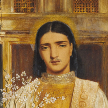 A yellow and orange hued watercolour painting of a man holding a plant.