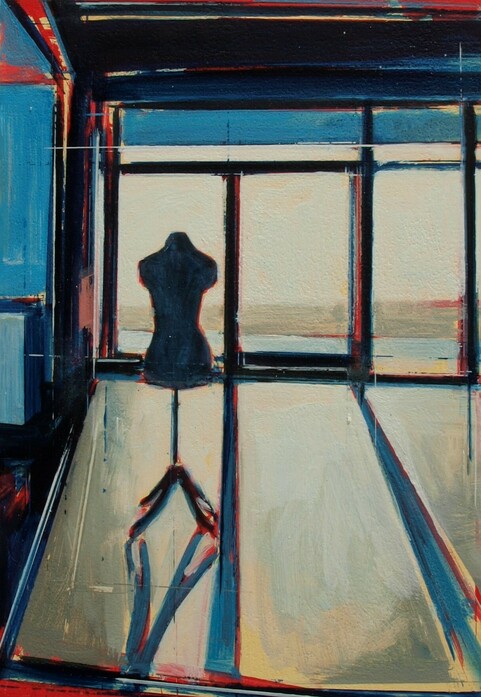 Painting with dressmaking mannequin and window behind