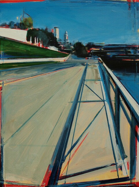 An abstract view of Seattle Olympic Sculpture Park. The sun creates a show of the railing between the water and the pavement