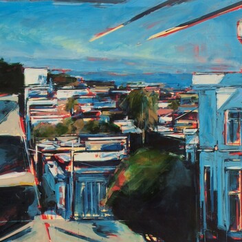 Acrylic painting of a vista in San Francisco from the top of a road looking down, painted in an abstract style