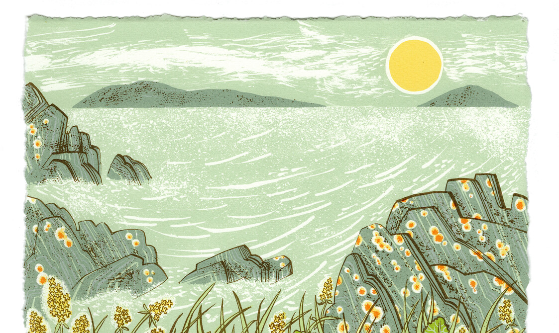 Screenprint artwork of primrose flowers by the coast with the sun overhead by artist, Angie Lewin