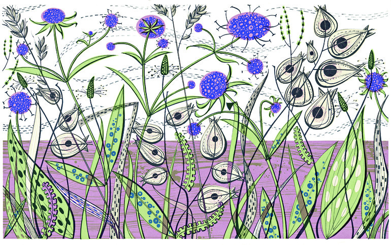 Print by Angie Lewin of devil's bit scabious using a purple and green colourway
