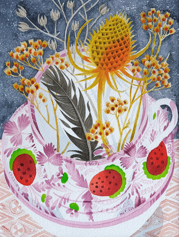 Work by Angie Lewin of teasels placed in a teacup with a strawberry design on