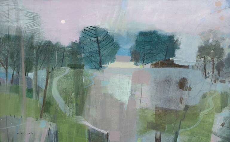 Acrylic painting by Fiona Millais of a landscape with trees in muted shades of greens and greys