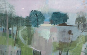 Acrylic painting by Fiona Millais of a landscape with trees in muted shades of greens and greys