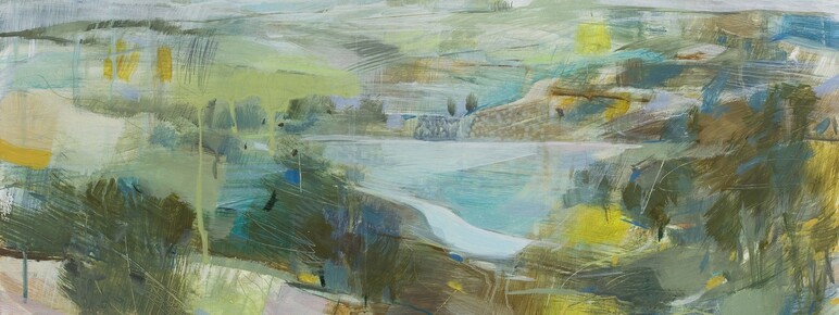 Acrylic painting by Fiona Millais of a landscape with shades of greens and orange