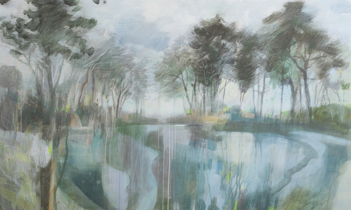 Abstract impressionist style landscape by Fiona Millais of trees by a lake in a blue tint