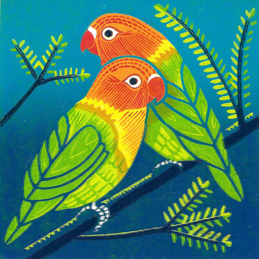 Colourful orange and green birds on a blue background