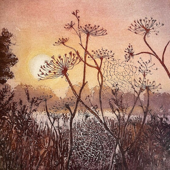 Print of flowers and grasses on a pink-yellow background