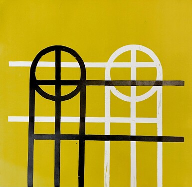 Abstract figurative woodcut print of two figures embracing on a yellow background