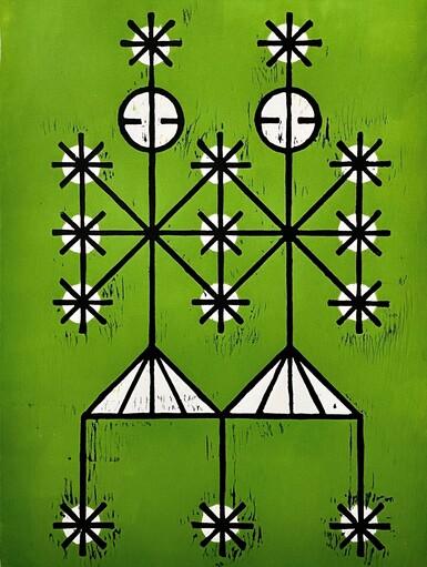 Abstract figurative woodcut print of two angels on a green background