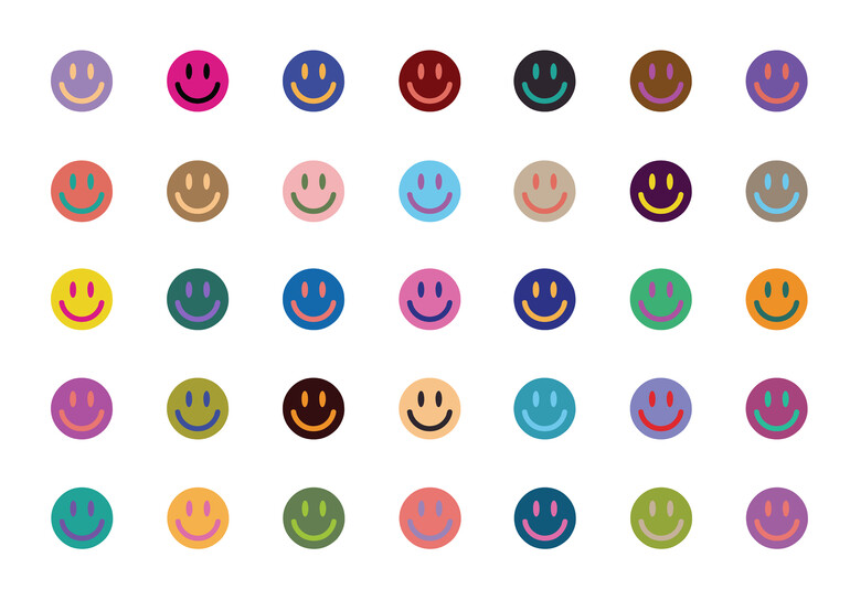 A series of smiley faces in varied colours positioned equal distance apart in rows on a white background
