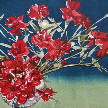 Linocut print of red carnations in a bowl