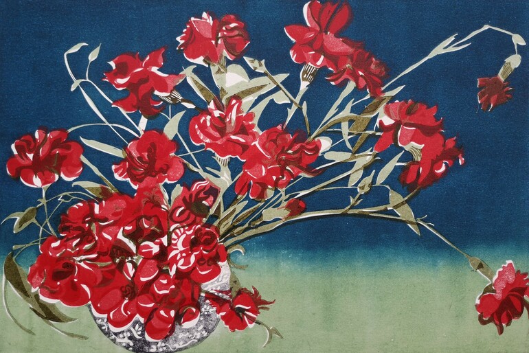 Linocut print of red carnations in a bowl