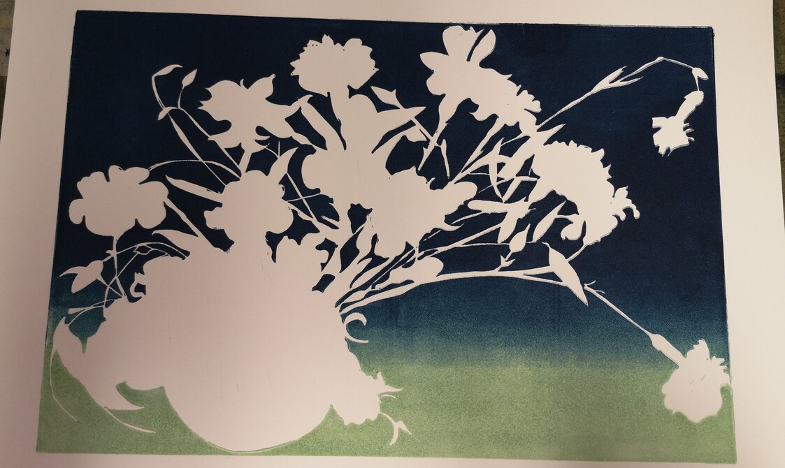 The background layer for Carnations, it is ombre blue and green with a blank space for a vase of Carnations