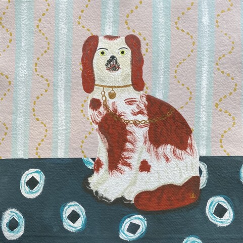 Painting of a brown and white spaniel porcelain figure with a navy and pink background