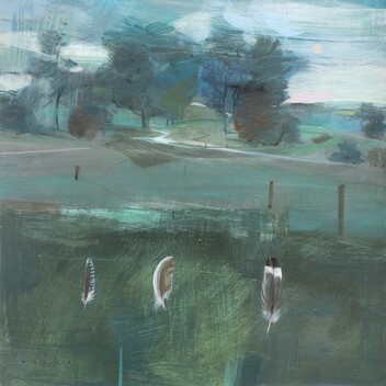 Landscape painting incorporation lots of blue with trees in the background and three feathers painted in the foreground