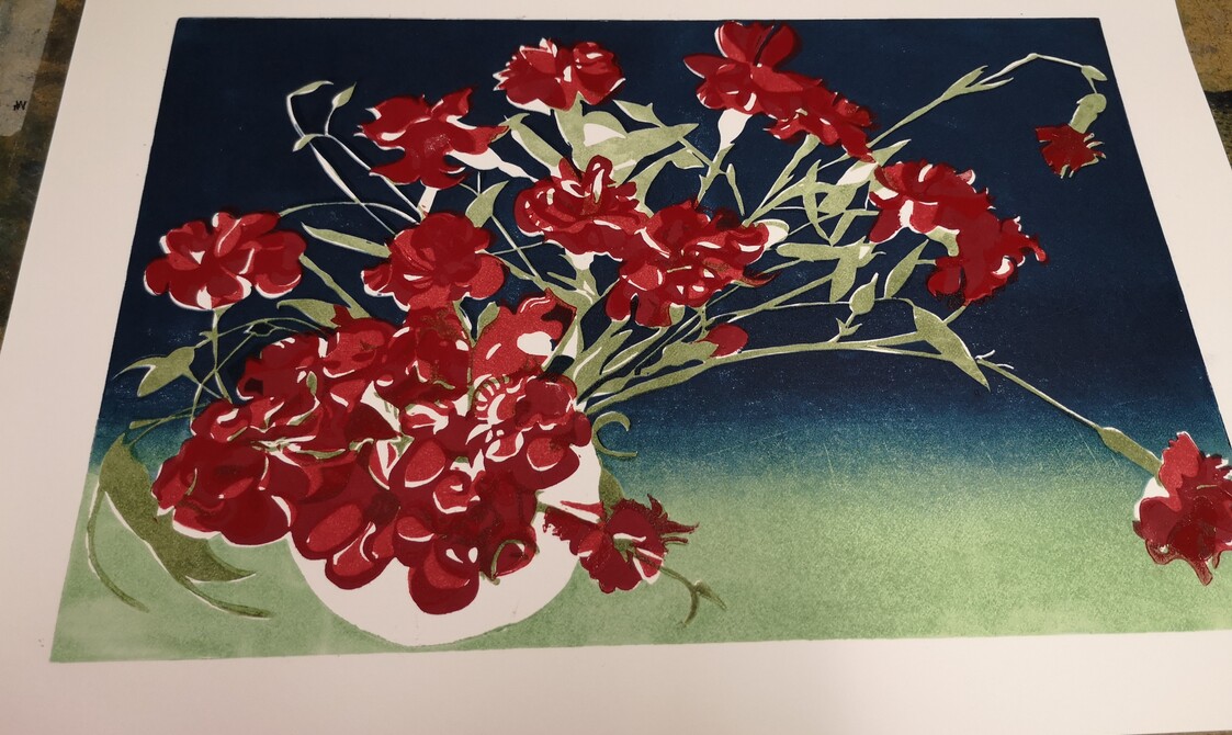 Carnations with only the vase and darker greens on the flower stems not printed
