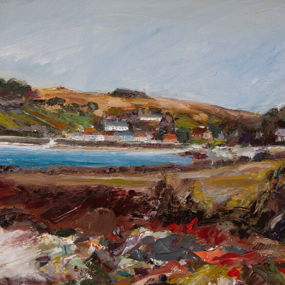 Impressionist-style oil painting of a rural coastal landscape with fields and hills in the distance