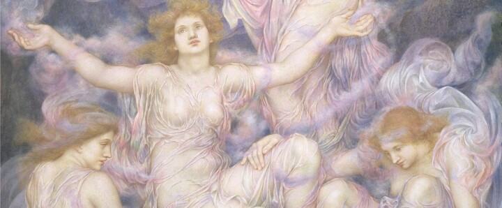 Painting featuring three daughters amongst clouds and rainbows