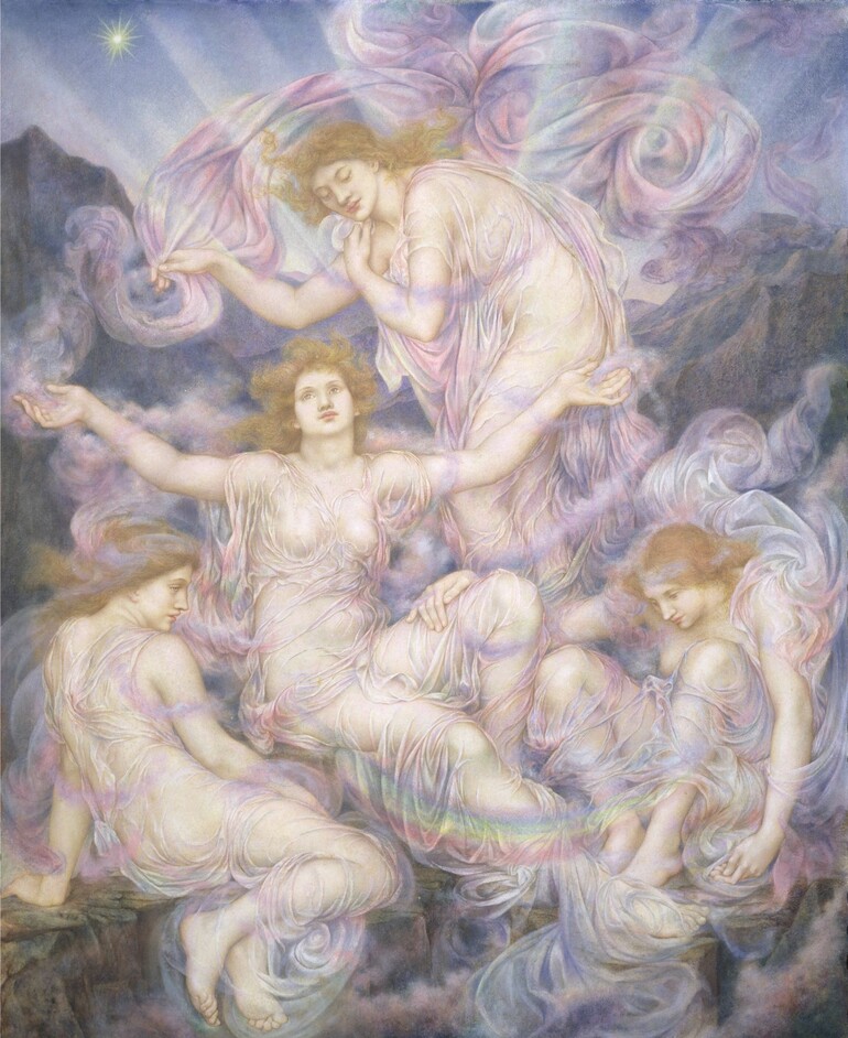 Painting featuring three daughters amongst clouds and rainbows