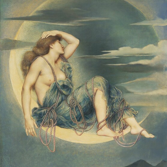 A woman in the sky sitting on a crescent moon