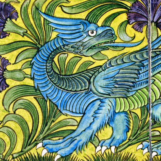 A set of decorative tiles depicting a blue dragon on a yellow background surrounded by purple flowers and green stalks