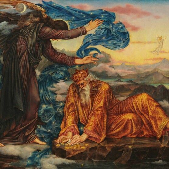 an aged king broods over his hoard of gold, while the dark Angel of Death approaches,