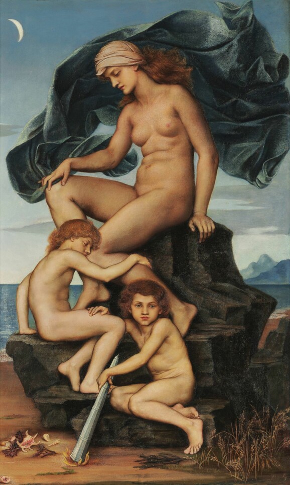 In this painting Evelyn portrays two young boys resting against the Lady of the Night, whose cloak flies behind her in the wind.