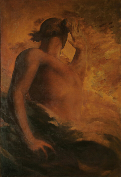 Oil painting of a figure surrounded by flame turned away