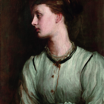 Painting of a young woman in a white blouse looking to the left