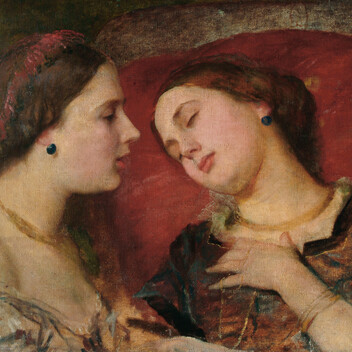 Oil on canvas double portrait depicting a brunette women in side profile and front profile