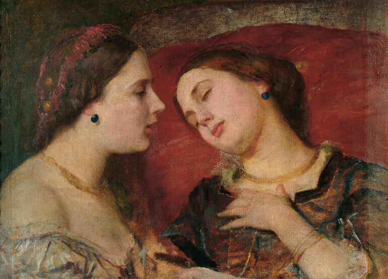 Oil on canvas double portrait depicting a brunette women in side profile and front profile