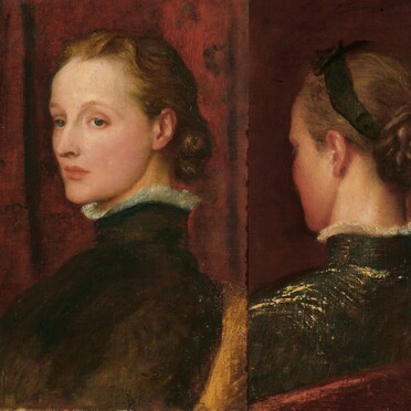 Double portrait of Mary Watts, a white women with her hair tied up, one portrait shows a side profile, the other the back of her head