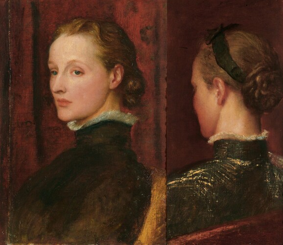 Double portrait of Mary Watts, a white women with her hair tied up, one portrait shows a side profile, the other the back of her head